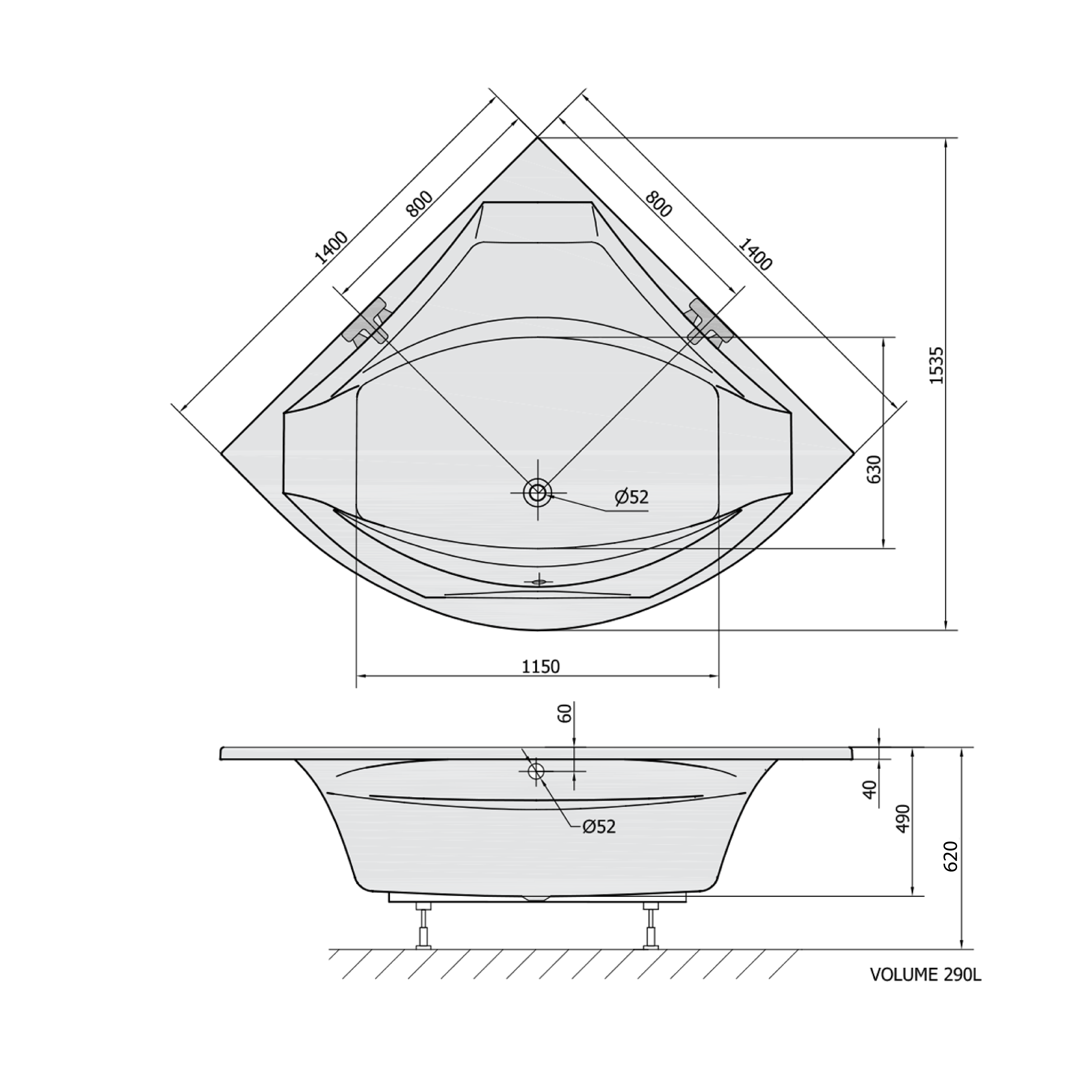ROSANA rohová vana 140x140x49cm, bílá